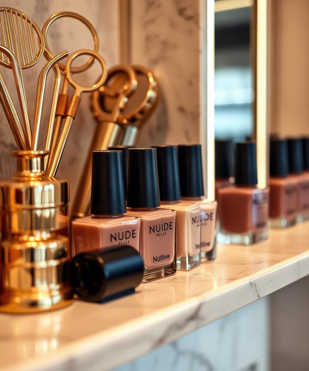 Premium nail polish collection on marble shelf