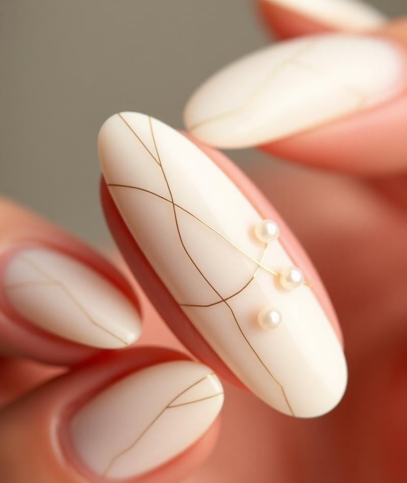 Pearl and gold line nail art
